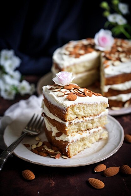 a slice of cake with a flower on the top.