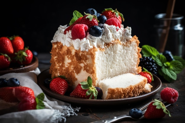 A slice of cake with fresh berries on top
