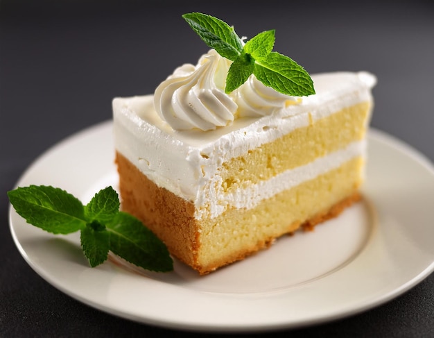 a slice of cake with a mint leaf on top of it