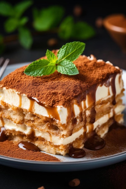 A slice of cake with a mint leaf on top