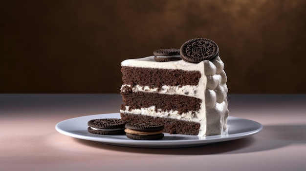 A slice of cake with oreo cookies on it