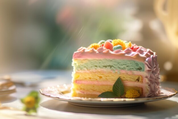 A slice of cake with pink and green frosting and a green leaf on top.