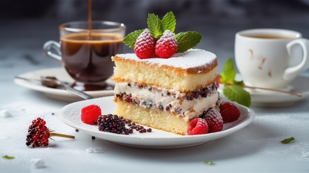 A slice of cake with raspberries and blackberries on top and a cup of coffee in the background.