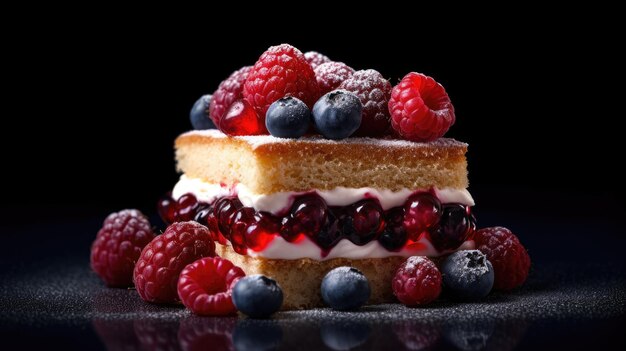 A slice of cake with raspberries and blueberries