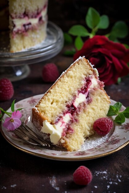 Photo a slice of cake with raspberries and raspberries