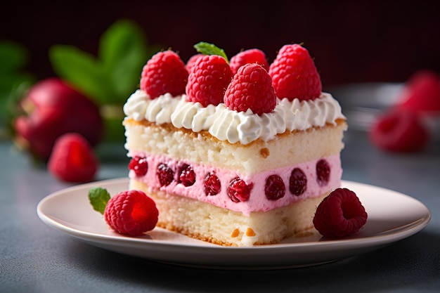 A slice of cake with raspberries on top