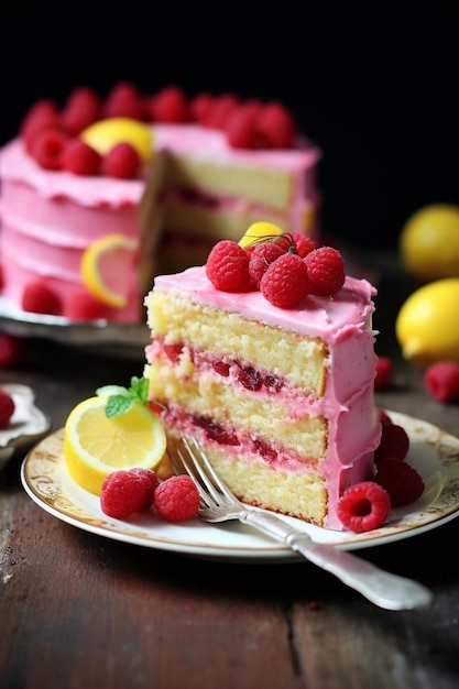 a slice of cake with raspberry and lemon on a plate.