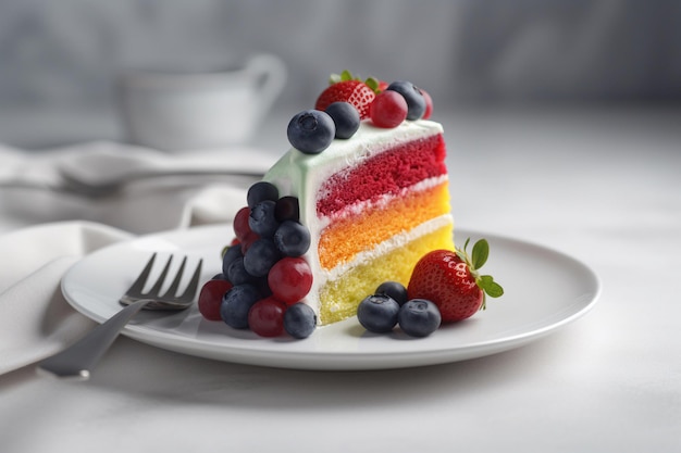 A slice of cake with a slice of rainbow cake on a plate.