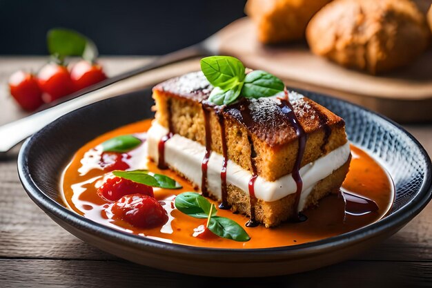 a slice of cake with strawberries and cream