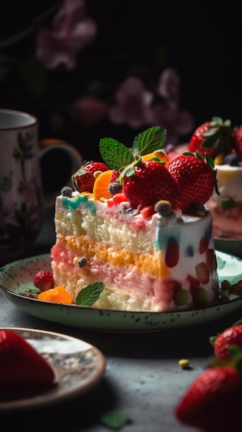 A slice of cake with strawberries on top