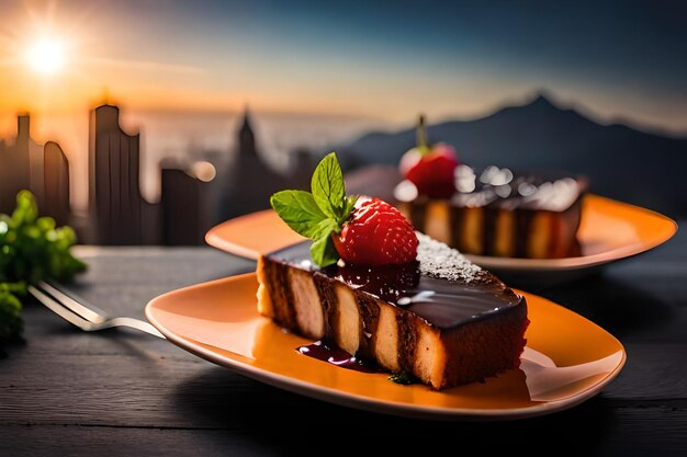 a slice of cake with a strawberry on it sits on a plate with a strawberry on it