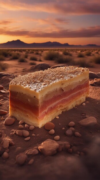 a slice of cake with a sunset in the background