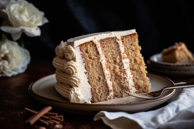 A slice of cake with vanilla frosting on top and a white napkin behind it.