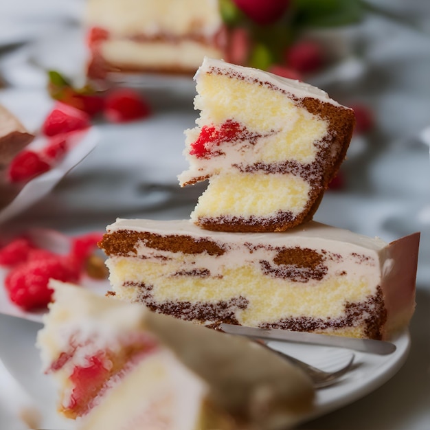 A slice of cake with white frosting and red berries on top.