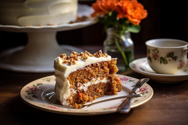 a slice of carrot cake sits on a plate with a cup of coffee.