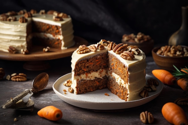 A slice of carrot cake with a bite taken out of it.