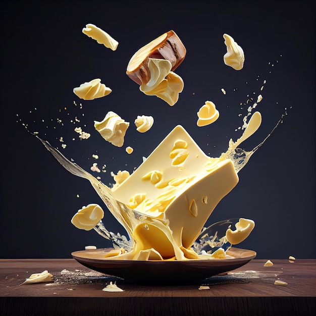 A slice of cheese falling into a bowl of milk