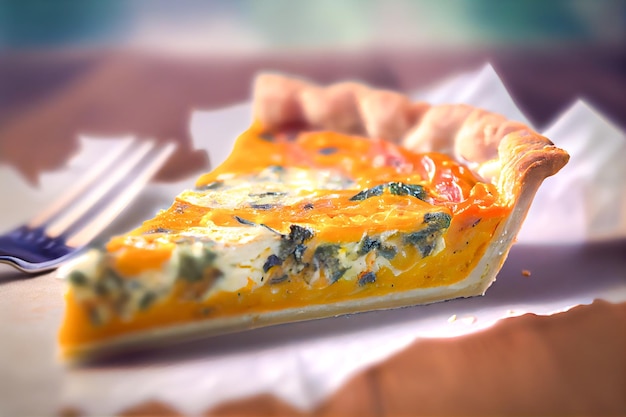 A slice of cheese and spinach quiche sits on a table.
