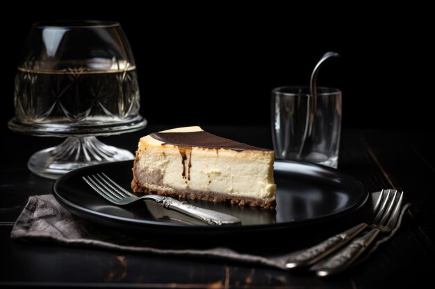 Photo slice of cheesecake on black plate with silver utensils and glasses created with generative ai