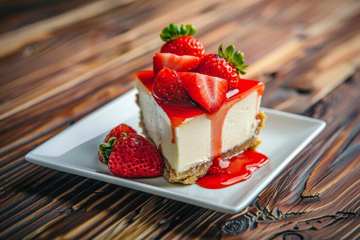 Slice Cheesecake met rode aardbeien