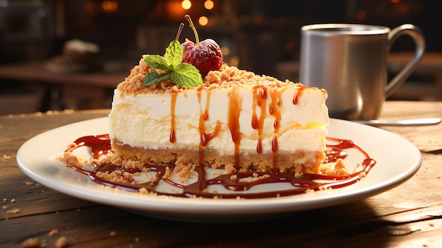 A slice of cheesecake on a plate wooden table