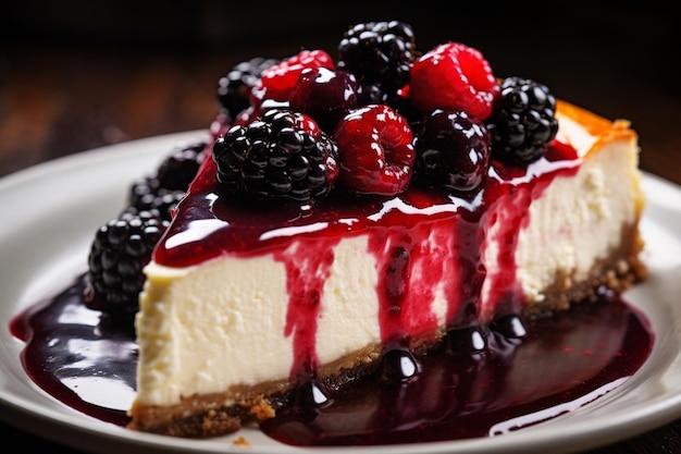 A slice of cheesecake topped with a drizzle of mixed berry juice reduction