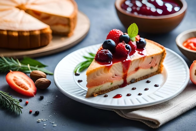 A slice of cheesecake with berries on it