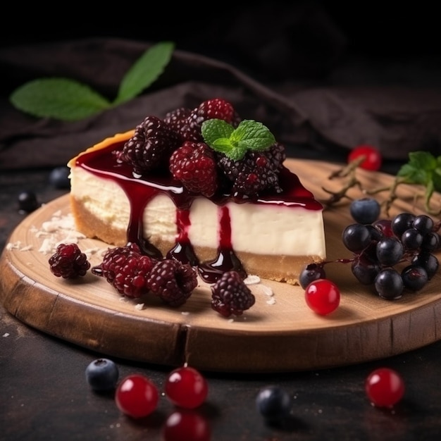 A slice of cheesecake with berries on a wooden board