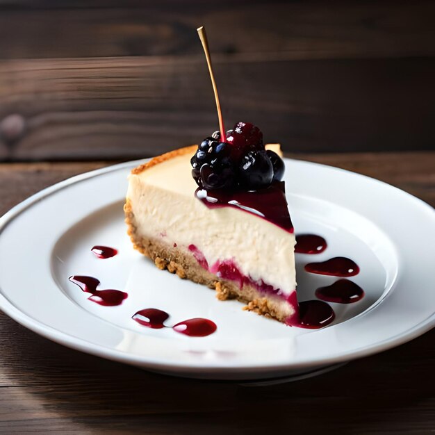 A slice of cheesecake with a berry sauce on it.