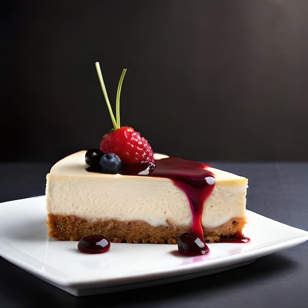 A slice of cheesecake with a berry on top.