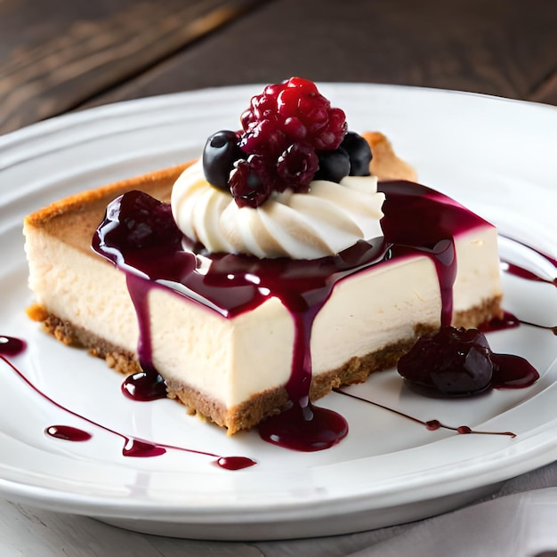 A slice of cheesecake with blueberries and blackberries on top.