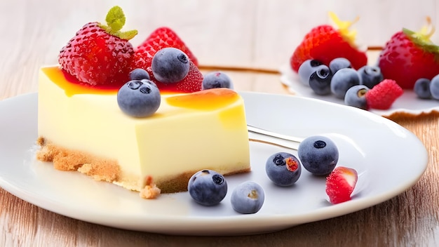 A slice of cheesecake with blueberries on a plate