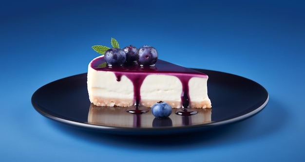 Slice of a cheesecake with blueberries on top on a black plate against a deep blue background