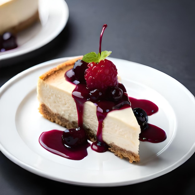 A slice of cheesecake with a cherry on top