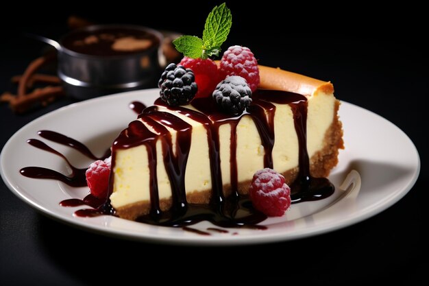 Slice of cheesecake with chocolate sauce berries and a cup of coffee