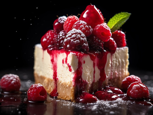 A slice of cheesecake with raspberries and mint