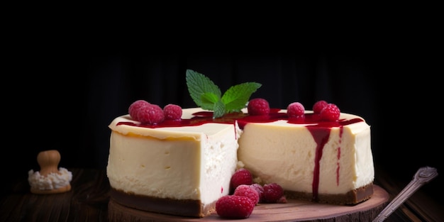 A slice of cheesecake with raspberries on top