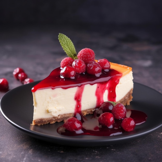 A slice of cheesecake with raspberry sauce on a black plate.