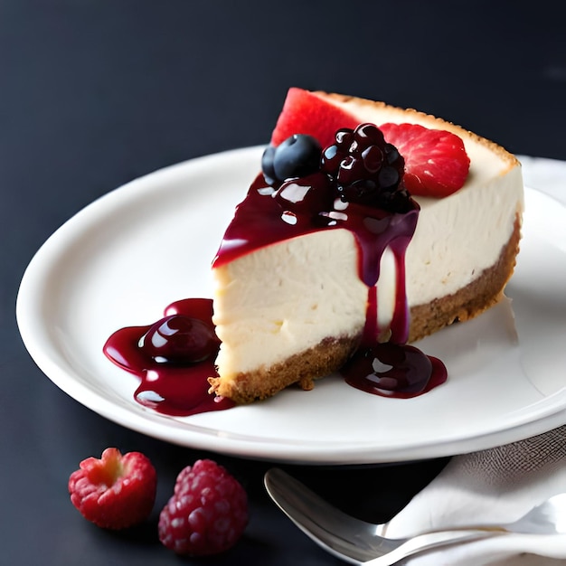 A slice of cheesecake with a raspberry sauce on top.