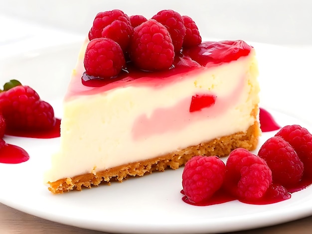 A slice of cheesecake with a raspberry on top