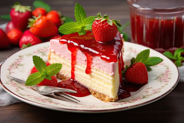 Slice of cheesecake with strawberry filling decorated with cherry jelly and fresh berries