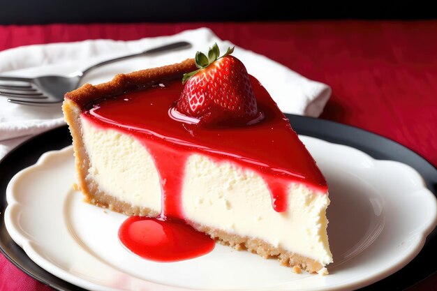 A slice of cheesecake with strawberry sauce on a black plate