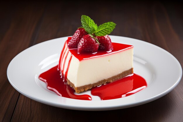 A slice of cheesecake with strawberry sauce on a black plate