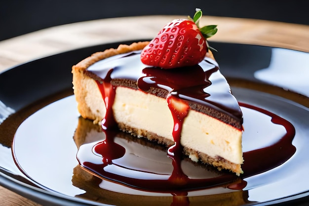 A slice of cheesecake with a strawberry on top
