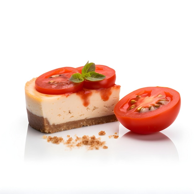 a slice of cheesecake with tomatoes and a slice of tomato