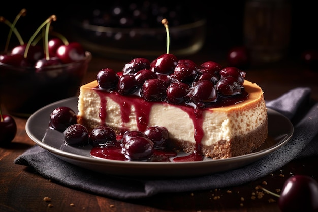 A slice of cherry cheesecake with blueberries on top