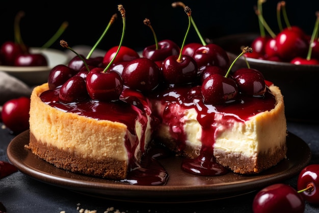 A slice of cherry cheesecake with a slice taken out of it