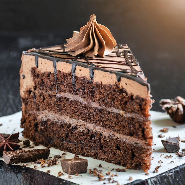 Photo slice of chocolate cake closeup