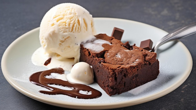 A slice of chocolate cake an ice cream ball and a hot chocolate brownie treat GENERATE AI