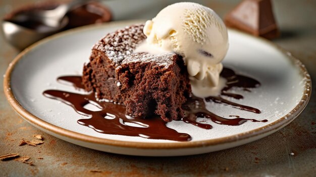 Photo a slice of chocolate cake an ice cream ball and a hot chocolate brownie treat generate ai